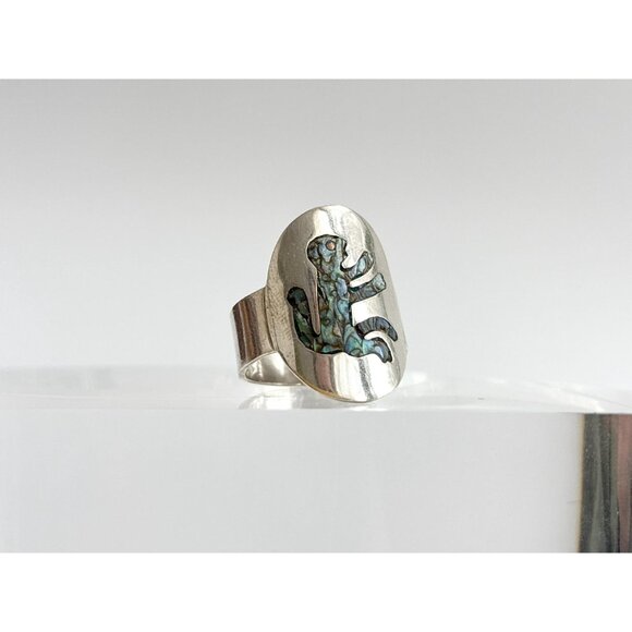 RARE Taxco Mexico Monkey Abalone Inlaid 925 Sterling Silver Vintage Ring - sz 8 - Picture 4 of 14
